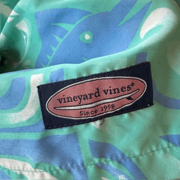 Vineyard Vines Men's Fish Print Elastic Waist Swim Trunks Blue Green Size Small - Picture 3 of 7
